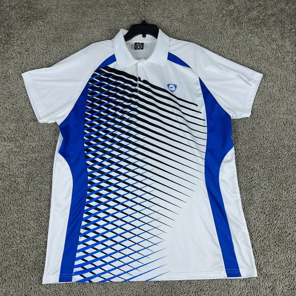 Sport Dri Shirt Mens XXL 2XL White Blue Geometric Polyester Short Sleeve - Picture 2 of 12